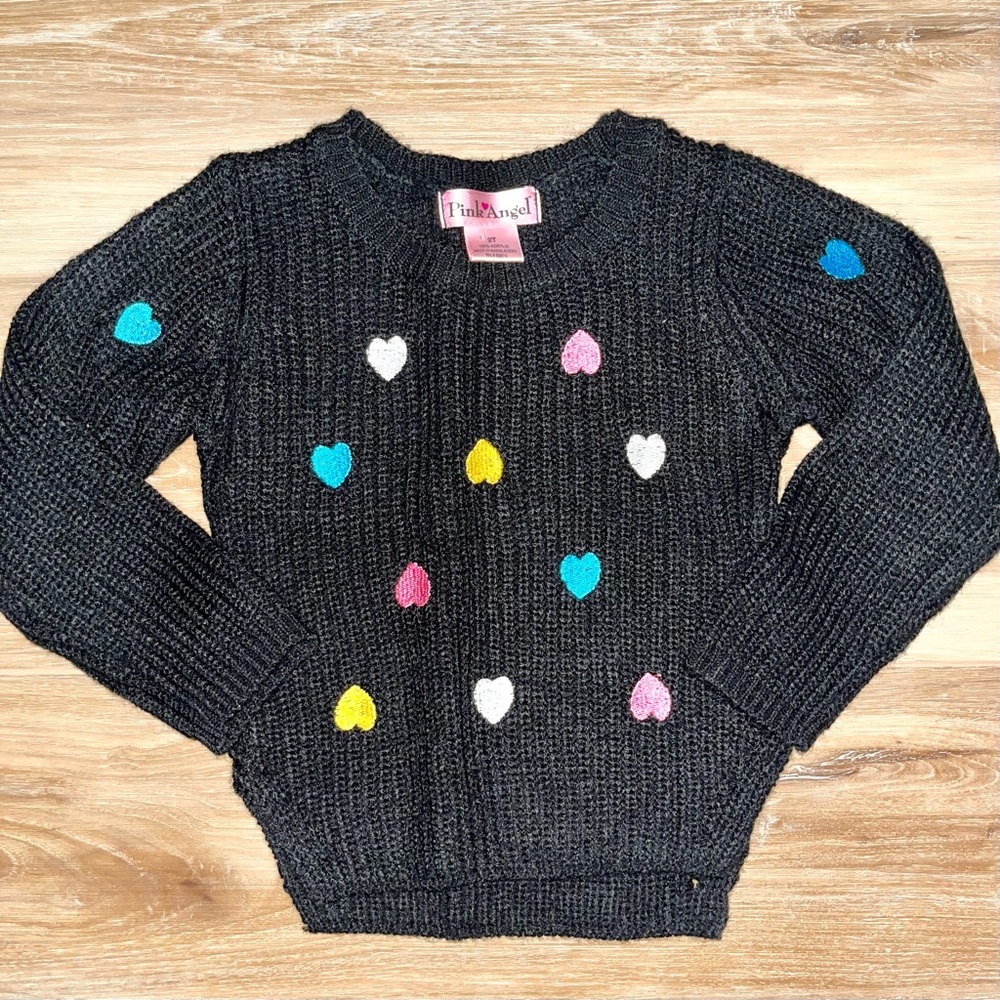 Toddler Girls Black Sweater with Embroidered Colorful Hearts